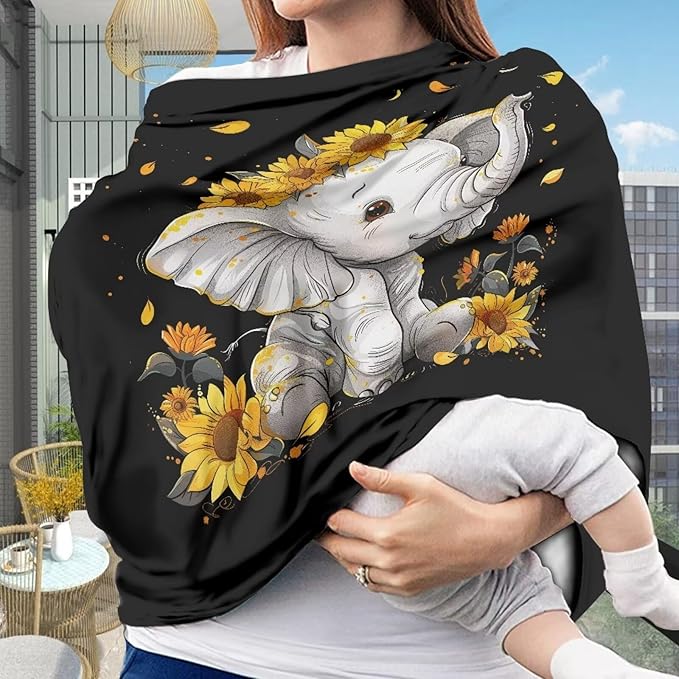 ZFRXIGN Elephant Sunflower Baby Car Seat Cover Cute Nursing Breathable Scarf Carseat Canopy Multi-Use Cover Ups for Stroller High Chair Shopping Cart Gifts Animal Black