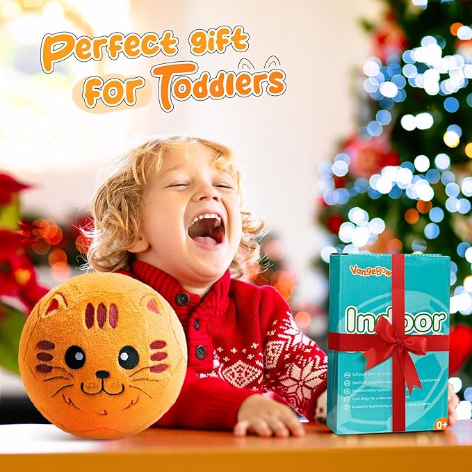 VangeBow Silent Indoor Soccer Balls for Toddlers 1-3, Inflatable Soft Plush Baby Toddler Soccer Ball Toys Gifts for 1 2 3 4 5 Year Old Boy Girl First Birthday Gift (Orange Cat, Pump Include)