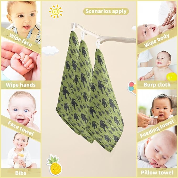 Bigfoot Baby Washcloths Newborn Muslin Burp Cloths 3 Pack Soft Cotton Baby Face Bath Towel Drool Bibs for Infants, Girls and Boys 11.8 x 11.8 Inch