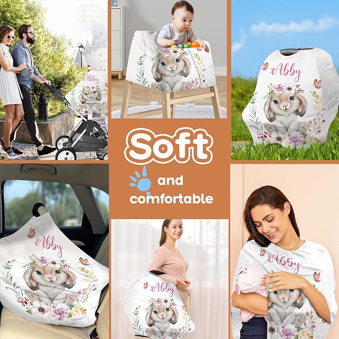 Personalized Baby Car Seat Cover Stroller Canopy: Custom Name Newborn Baby Boy Girl Elastic Rabbit Nursing Cover for Moms First Birthday Gift Animals(one Size)