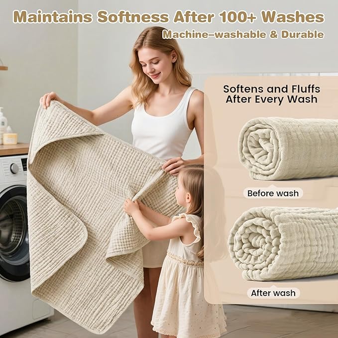 Hooded Baby Bath Towels for Newborn, 2 Pack - 6-Layer 100% Muslin Cotton, Soft Absorbent Baby Towels with Hood for Babies, Infants & Toddlers, Large 32x32 Inch Unisex Newborn Baby Bath Essentials