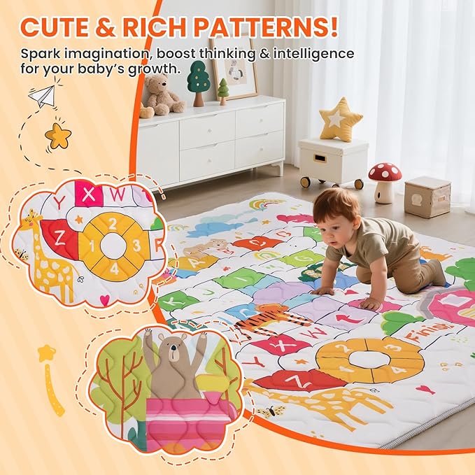 Baby Play Mat for Floor,50x50 Inch Soft Padding Crawling Mat, Foldable and Machine Washable, Thick for Babies & Toddlers,Animal School