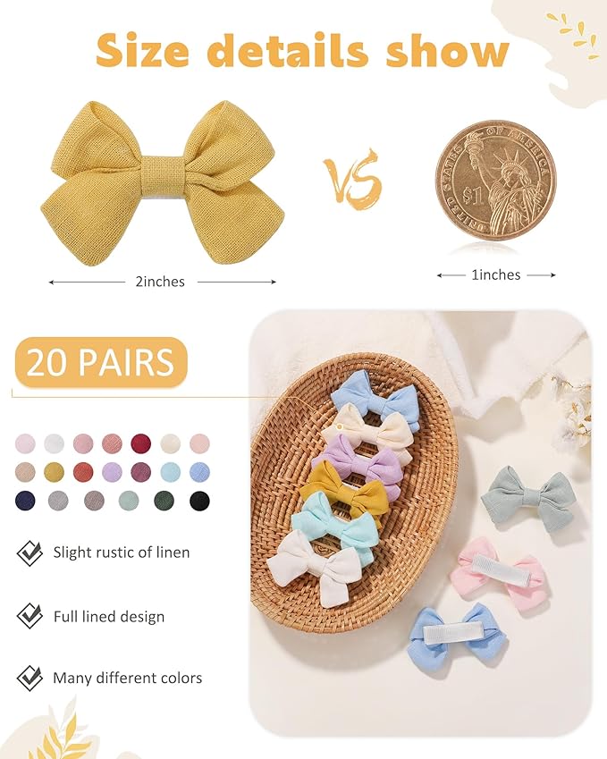 jollybows 40pcs 2" Hair Clips for Girls - Mini Fully Lined Bows, Tiny Barrettes for Infants, Toddlers, Kids, Teens