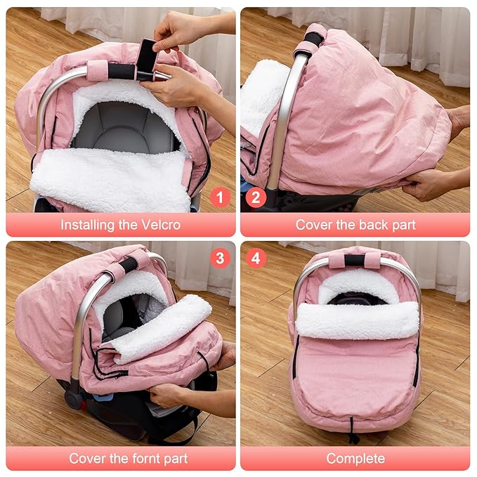 Winter Baby Car Seat Cover, Carseat Cover with Plush Sherpa Fleece Lining, Infant Car Seat Canopy with Peeping Window & Huge Space, Warm & Snug Baby Carrier Cover for Cold Weather