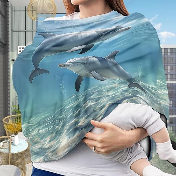 ZFRXIGN Dolphin Baby Car Seat Cover Blue Ocean Theme Nursing Cover for Girls Soft Infant Carseat Canopy,Shopping Cart/High Chair/Stroller Covers, Baby Shower Gifts