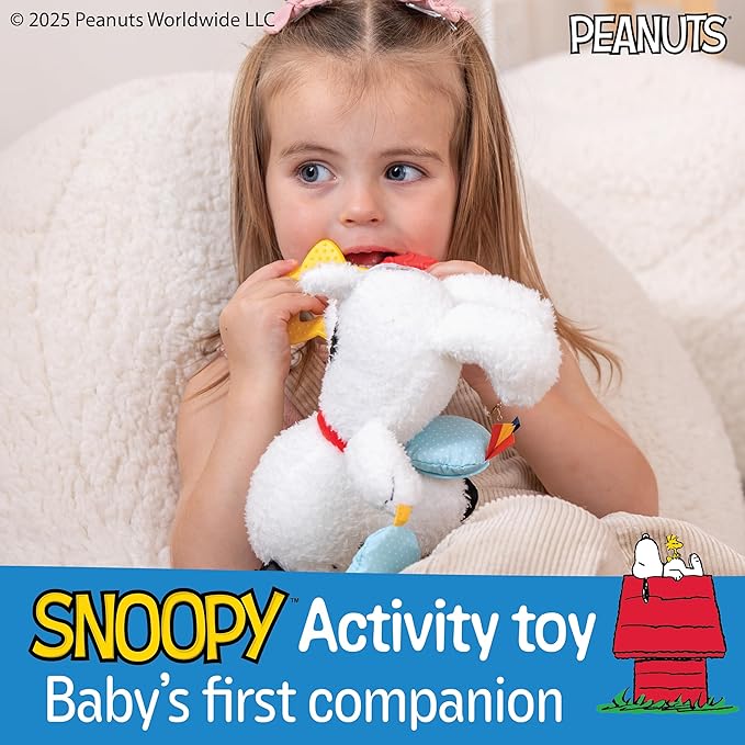 Kids Preferred Peanuts Snoopy Activity Toy - Jingle, Mirror, Teethers, Crinkle, Ribbons, Crinkle, Satin Accents, Soft Plush, On-The-Go Clip, 12 in
