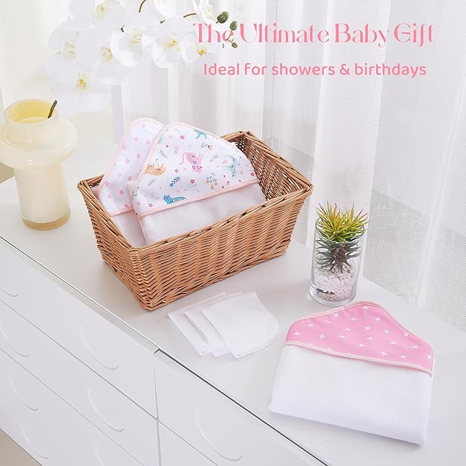 Mooreeke Baby Towel with Hood for Girls Pink Cat Flower Bath Towel for Babies Ultra Soft Absorbent 3 PCS Baby Towels and 3 PCS Washcloths for Newborn Essentials