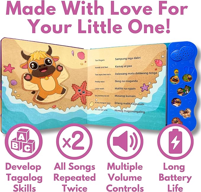 Vol. 2 — Interactive Sound Board Book for Toddlers 1-3, Bilingual English & Filipino Songs & Nursery Rhymes, Talking Musical Book, Musical Toy Gift for Babies & Kids