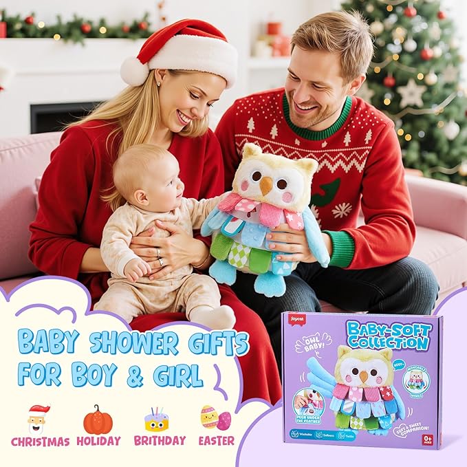 JoyCat Sensory Owl Baby Toy for 0-12 Months, 13''Soft Tummy Time Infant Toy with Multi-Textured Crinkle Feathers, Baby Mirror, Stuffed Animal Plush Montessori Easter Gifts for Newborn Boys and Girls