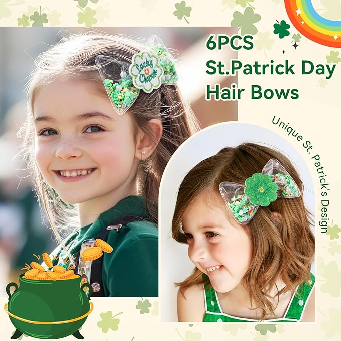 CN 6PCS St Patricks Day Hair Bows for Girls, 3.5 Inch Green Lucky Shamrock Alligator Hair Clips, Clover Hair Accessories for Girls Toddler Kids Teens Children