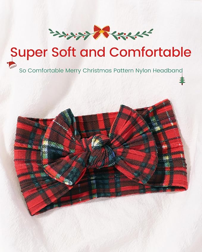 jollybows 3 PCS Baby Girls Headbands Soft Stretchy Nylon Hair Bows Handmade Bows for Baby Girls Infants Newborn Toddlers Kids - White, Dark Green, Christmas Red Grid