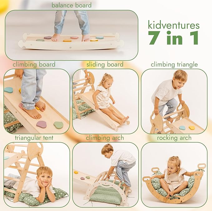 Goodevas 5-in-1 Toddler Climbing Toys Indoor Set - Pikler Triangle, Climbing Arch, Balance Cushion, Montessori Climbing Gym for Toddlers 1-3, Foldable Wooden Baby Activity Center, Jungle Gym for Kids
