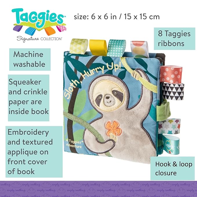 Taggies Touch & Feel Soft Cloth Book with Crinkle Paper & Squeaker, Molasses Sloth