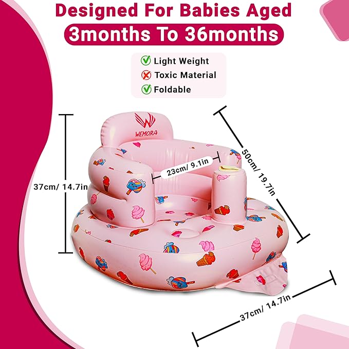 Inflatable Baby Seat for Babies 3-36 Months Blow Up Chair for Babies Infants Toddler Floor Sitting Up with Built in Air Pump (Pink, Ice Cream)