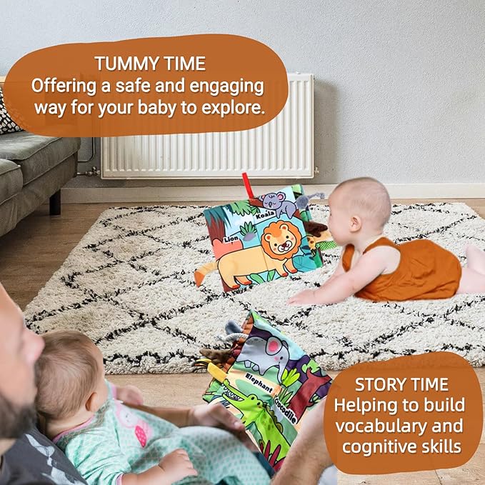 Soft Baby Books, Tummy Time Cloth Travel Toys 0-6 Months Touch Feel Sensory Book Jungle Tails for Babies Girl 3-6 6 to 12 Month Old 0-3-4-5-6-7-8-9 Newborn Infant Boy Must Haves Birthday Gift