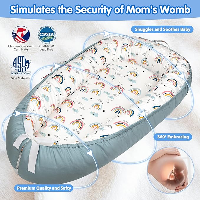 BUTOA Baby Lounger - Baby Lounger for Newborn 0-24 Months, Breathable & Soft Baby Nest, Portable and Lightweight Lounger for Home and Travel, Ideal Newborn Babies Essentials (Blue-Rainbow)
