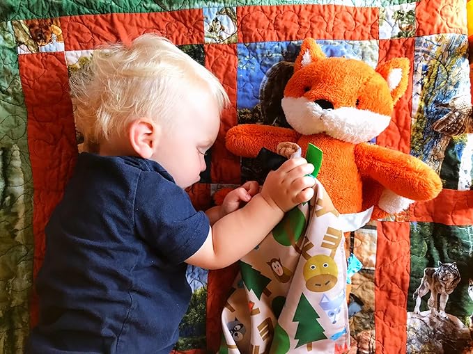 Baby Sensory, Security & Teething Closed Ribbon Tag Lovey Blanket with Minky Dot Fabric: 14”X18” (Forest)