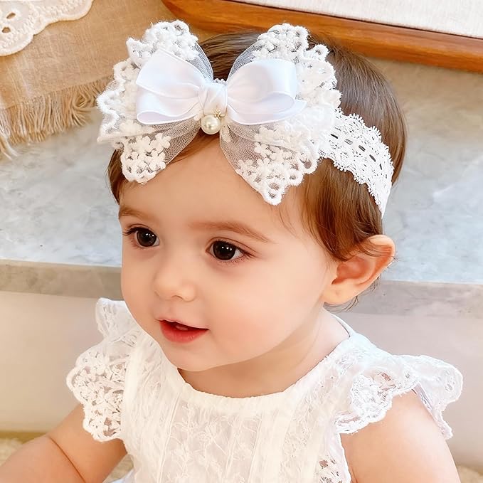 Baby Girls Headband White Bow Lace Headbands Soft Elastic Bowknot Hairbands Cute Hair Accessory for Newborn Kids Infant Toddler Baptism Birthday Party (Lace Pearl)