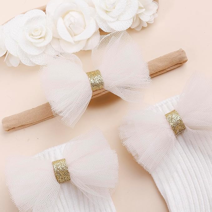 cherrboll Baby Girl Headbands and Socks Set, 3Pcs Soft Floral Hairbands Hair Bows Knit Socks for Newborn Infants Toddlers Photography Props Gifts
