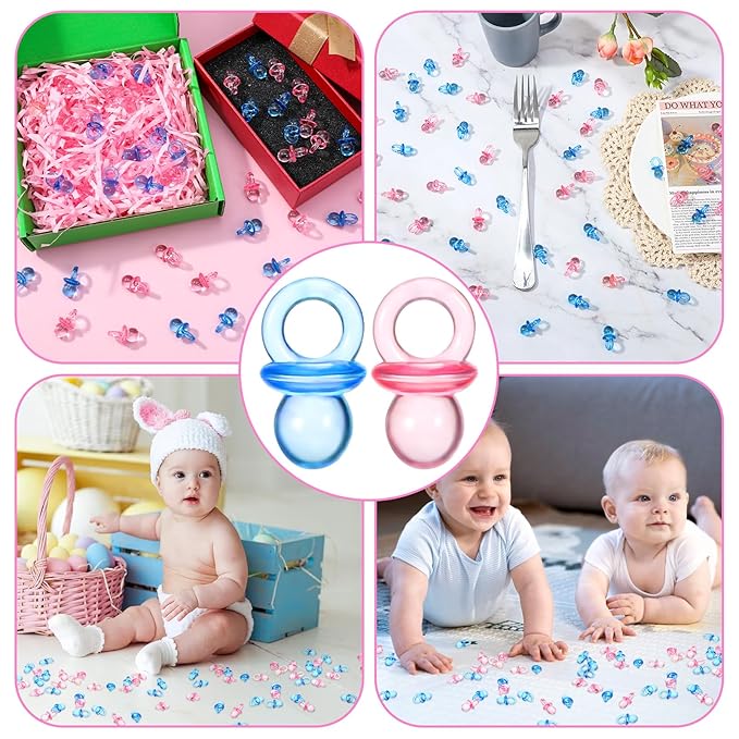 Amabro 100Pcs Mini Acrylic Pacifiers, Small Pacifiers Confetti Table Scatter Decoration Baby Party Boy Girl Gender Reveal Birthday Favors Table Decor Baby Shower Game Supplies