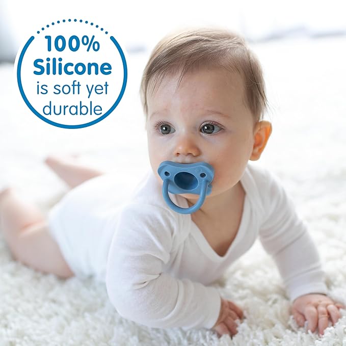 Dr. Brown's HappyPaci 100% Silicone Baby Pacifier, Contoured One-Piece Design, Light-Blue, Blue, White, 0-6m, BPA-Free, 8-Pack