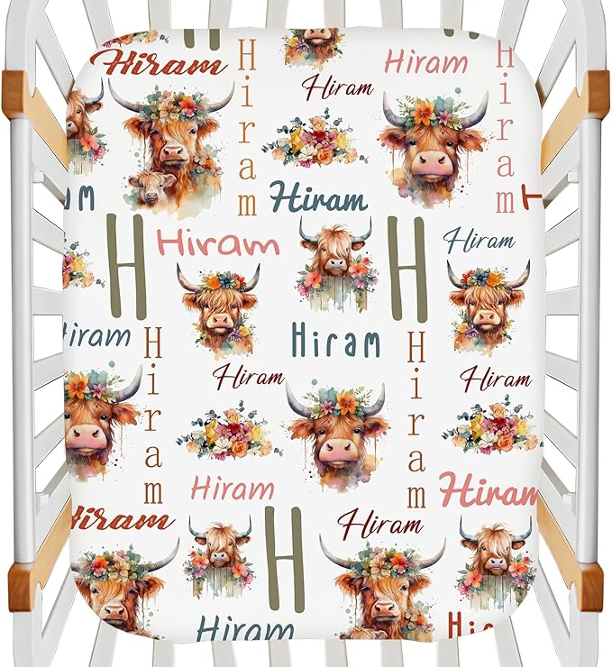 Customized Pack and Play Sheets with Monogram Name, Personalized Highland Cow Cattle Mini Crib Mattress Fitted Sheets for Baby Girls Boys, Soft Breathable Pack n Play Playard Playpen Sheet