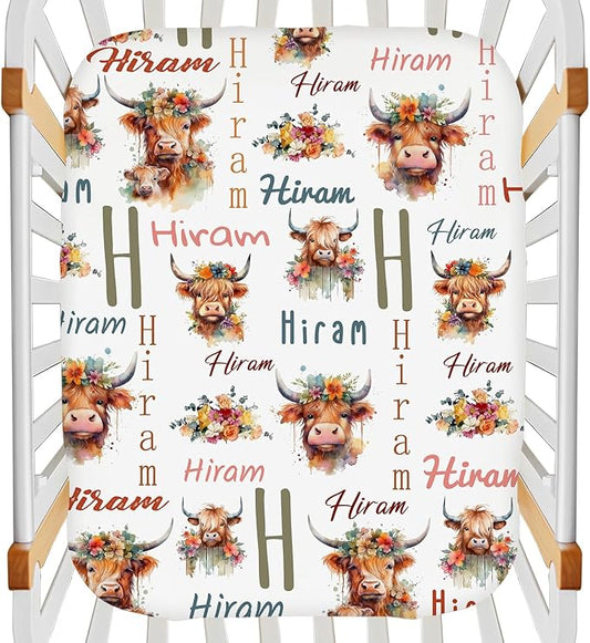 Customized Pack and Play Sheets with Monogram Name, Personalized Highland Cow Cattle Mini Crib Mattress Fitted Sheets for Baby Girls Boys, Soft Breathable Pack n Play Playard Playpen Sheet