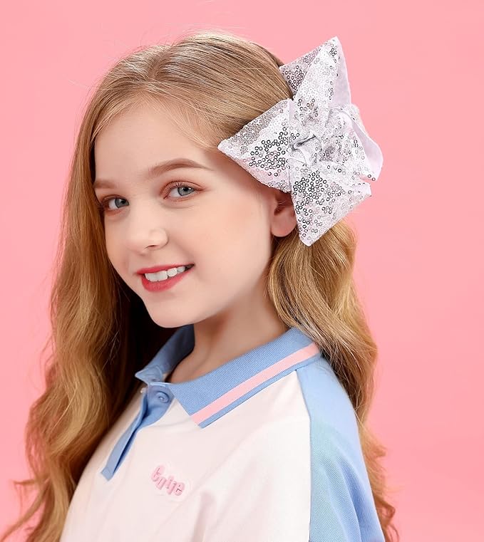 6 Inch Silver Sparkly Glitter Sequin Hair Bows for Girls Toddlers Kids Children Teenage (2PCS)