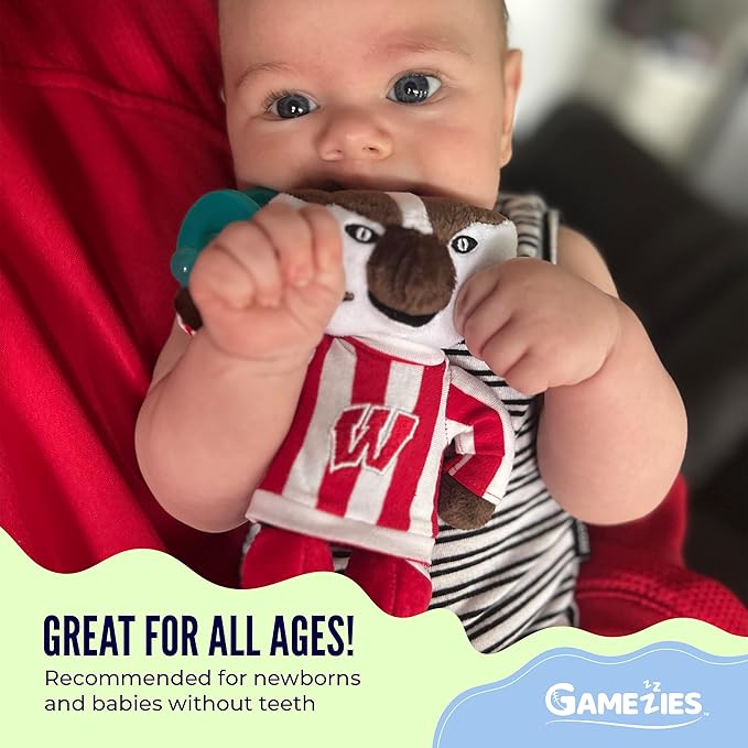 Gamezies Baby Boy and Girl Silicone University of Wisconsin Collegiately Licensed, Madison Bucky Badger Mascot Plush Pacifier CPSIA Tested, Removable, Washable Plush Toy BPA-Free 0-6 Months