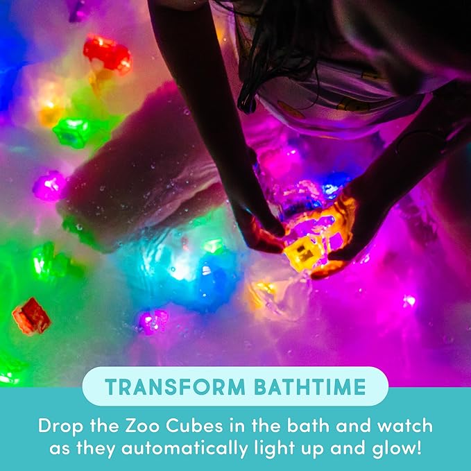 Glo Pals Water-Activated Light-Up Cubes for Bathtime and Sensory Play - Includes 6 Reusable Light-Up Cubes - Sensory Toys and Glowing Bath Cube for Kids and Toddlers - Zoo