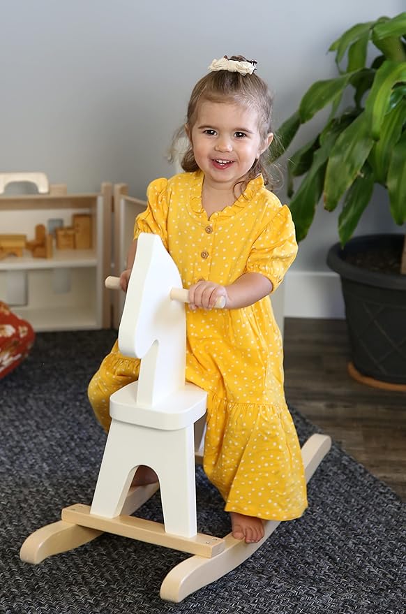 AmishToyBox.com Wooden Rocking Horse Toddler Ride-On Toy (White and Natural)