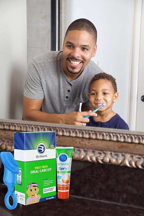 First Teeth Oral Care Kit by Brilliant Oral Care- Set has Baby's 1st Teether-Brush, Brilliant Baby Toothbrush and 2oz Spry Xylitol Tooth Gel, Infants Age 4 Months Old and Up, Baby Must Haves, Blue