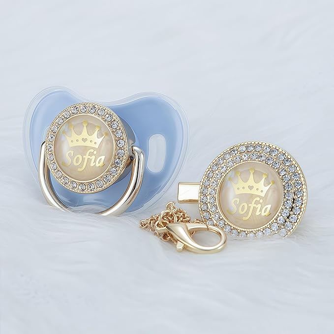 Personalized Name Bling Rose Gold Pacifier and Clip Set Ideal Gift for Baby Shower New Born Photoshoot & Keepsake (Light Blue)