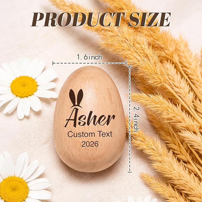 Custom Musical Easter Egg Shaker with Engraved Name, First Easter Gifts for Baby 2026, Wooden Easter Egg Basket Stuffers for Kids, Fake Eggs for Egg Hunt Prize Decor Party Baptism Gift