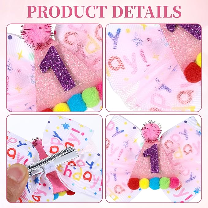 2Pcs Birthday Hair Bow for Baby Girls 1 2 3 4 5 7 Years Bow Sprinkles Decorations Confetti Ice Cream Birthday Party Decorations Pink Toddler Hair Clips Accessories for Girls(One)