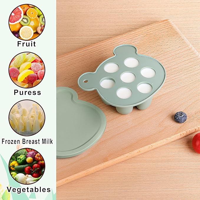 6-in-1 Baby Fruit Feeder Pacifier & Baby Food Feeder Set – Silicone Breastmilk Popsicle Mold with Freezer Tray, Teething Relief Toy, BPA Free Infant Feeder, 3 Sizes (S/M/L) Sacs (Pea Green)
