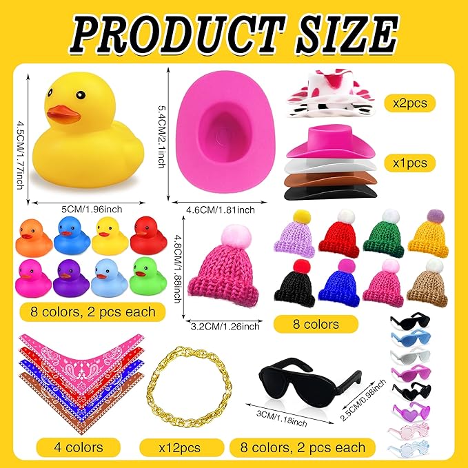 16Set 64PCS Mini Duck Toys Bulk Decoration with Hat Scarf Necklace Sunglasses Cute Tiny Duck Figurines for Kids Teens Birthday Baby Shower Swimming Pool Party Favors Classroom Prizes