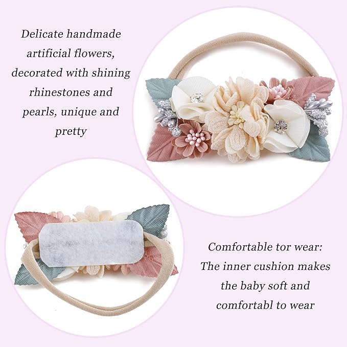 Baby Girl Flower Headband 6 PCS Elastic Hairbands Handmade Nylon Bows Headbands Chic Floral Hair Accessories Kids Gifts for Newborn Infant Toddlers