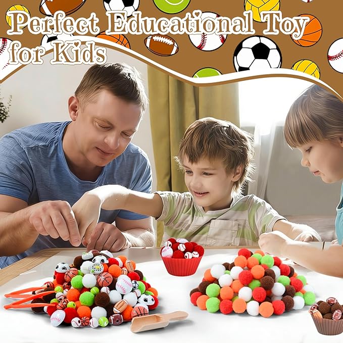 242pcs Sports Balls Sensory Bin Filler Fine Motor Toys Ball Sensory Bin Items Easter Soccer Baseball Basketball Football Tennis Sensory Bin Items Pom Poms for Color Counting Sorting