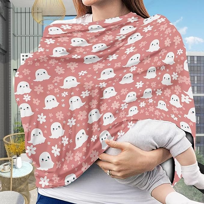 Biyejit Halloween Cute Ghost Baby Boy Girl 5-in-1 Car Seat Cover, Multi-use Privacy Nursing Breastfeeding Cover, Carseat Canopy Carrier Newborn Infant Gift