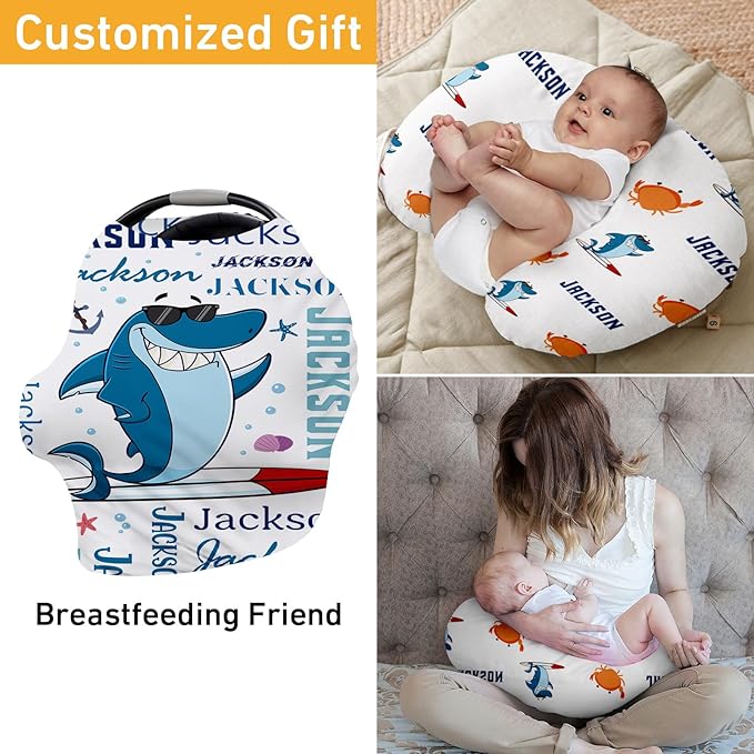 Custom Car Seat Covers for Babies - Breathable Baby Car Seat Cover for Girls Boys, Kick-Proof Newborn Carrier Canopy Stretchy Stroller Cover for 4 Seasons Blue Shark Print(27"x29")