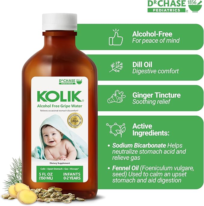 Dr. Chase Kolik Gripe Water for Babies - Colic, Gas & Fussiness Relief for Newborns & Infants - Plant-Based, Alcohol-Free Gas Drops for Hiccups & Tummy Discomfort (150 mL / 5 fl. oz.)