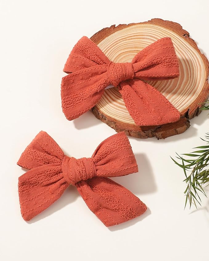 Jollybows 2pcs 3.2" Hair Bows Clips for Baby Girl Christmas Toddler Pigtail Bows Neutral Linen Hair Clip -Brick Red