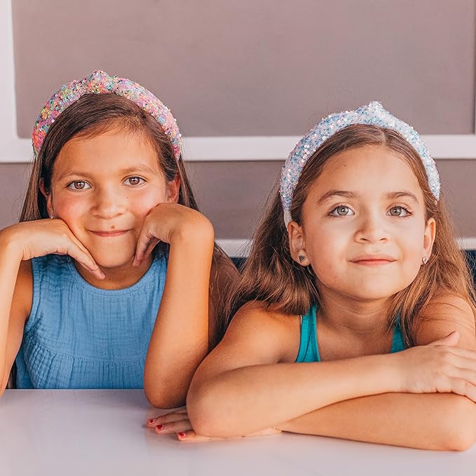 FROG SAC Sequin Knot Headband for Girls, White Knotted Hair Bands Accessories for Kids, Sparkly Iridescent Little Girl Headbands, Cute Fashion Hairbands for Tweens Stocking Stuffers for Children