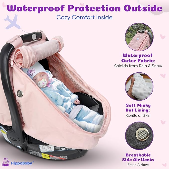 HippoBaby Waterproof Baby Car Seat Cover | Windproof Carseat Cover for Babies | Infant Car Seat Cover for Boys, Girls & carseat Covers Baby Girl | Universal Fit (Gray)