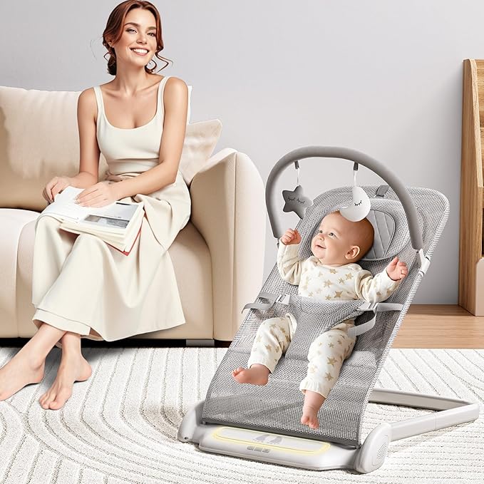 Derson Baby Bouncer, Portable Baby Bouncer Seat for Babies 0-6 Months, Infant Bouncer Chair Newborn with 8 Soothing Music, Foldable, Natural Vibrations (Gray)