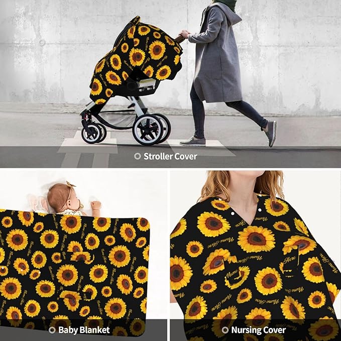 Personalized Baby Car Seat Canopy with Name – Custom Sunflower Minky Nursing Cover for Boys & Girls, Soft Stroller Cover for Infants & Newborns, Carseat Canopy for Breastfeeding