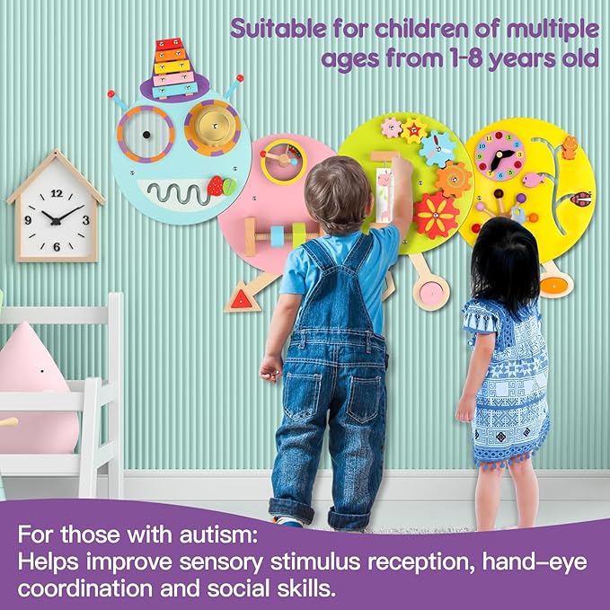 Caterpillar Activity Wall Busy Board for Kids:12 in 1 Sensory Wall Panel for Toddler,Wooden Montessori Educational Toys for Playroom Daycare Nursery Classroom