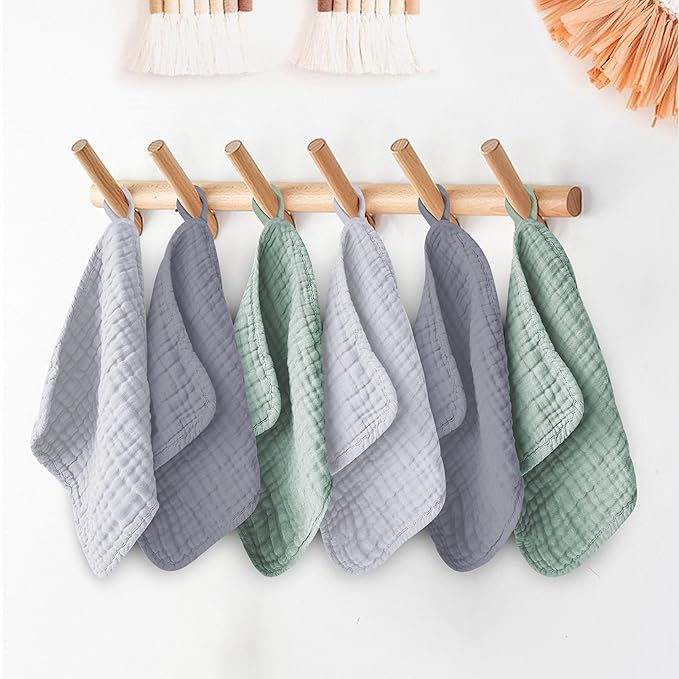 Ease Cubs 12 Pack Muslin Washcloths for Baby - 100% Cotton Baby Wash Cloths for or Baby Face Body Comfy and Soft for Newborn Infants Kids Girls and Boys - 12"x12" - Grey, Green and Slate
