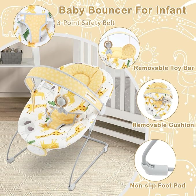 Baby Bouncer, Infants Bouncy Seat with Music and Vibrations,Baby Rocker for Newborns Indoor Outdoor Use 0-6 Months Up to 20 lbs